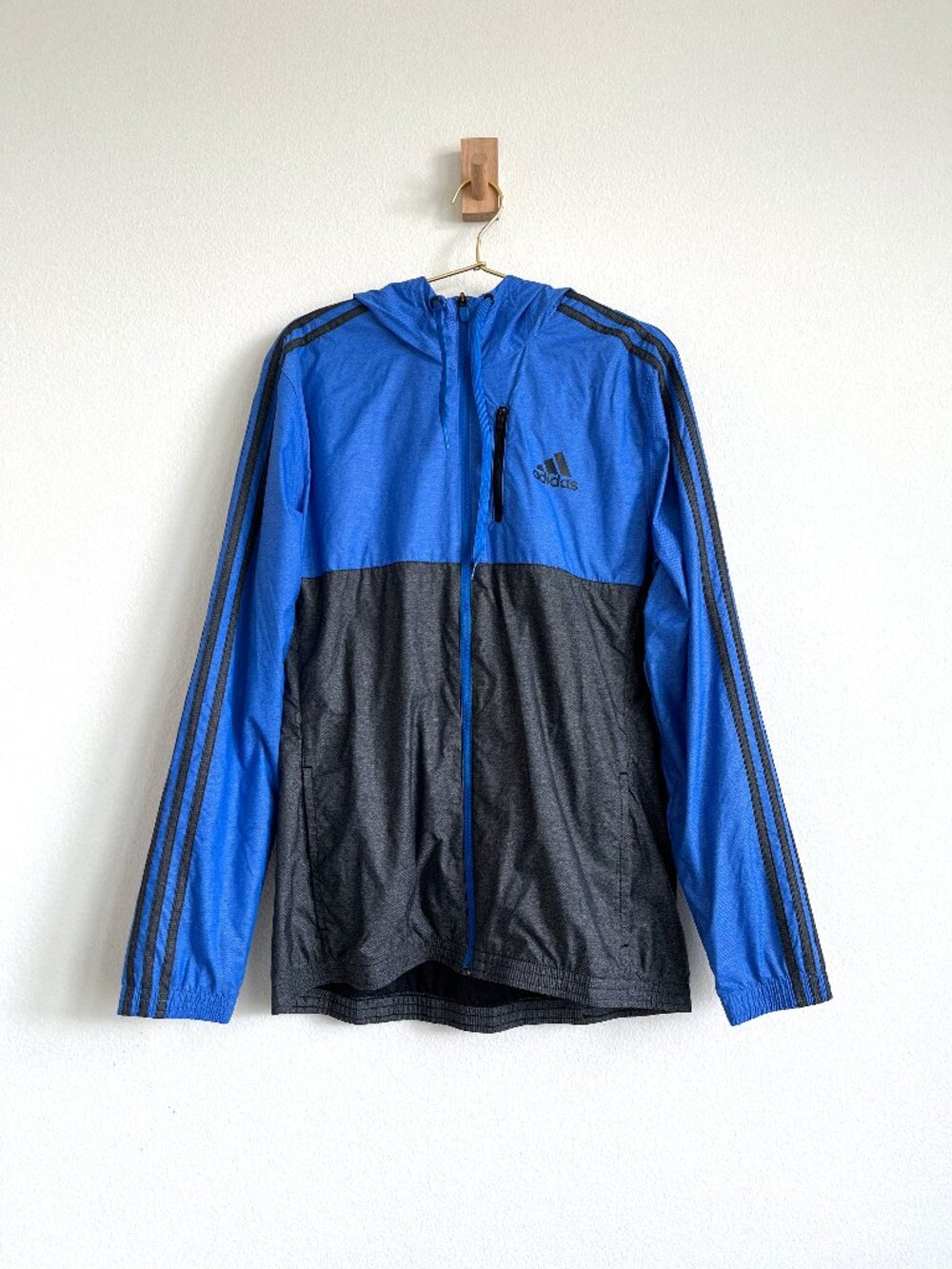 Adidas Essentials 3-Stripes Hooded Windbreaker - Blue & Gray - Size M